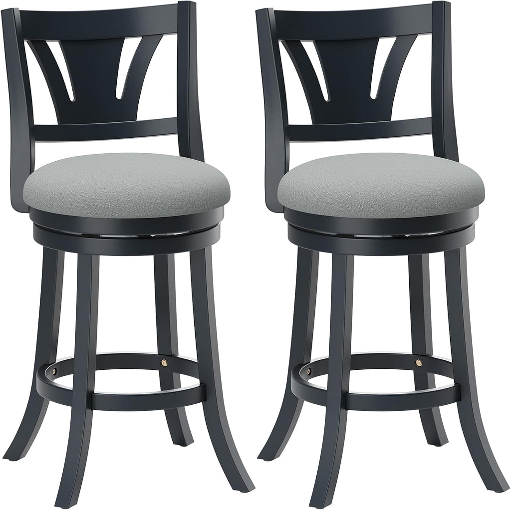 MALOL Swivel Bar Stools Set of 2, 26 Inch Counter Height Barstool with Silent Rotation, High-Density Foam Cushion, Solid Wood Frame, Footrest & Anti-Slip Pads for Kitchen Islands and Home Bars (Grey)