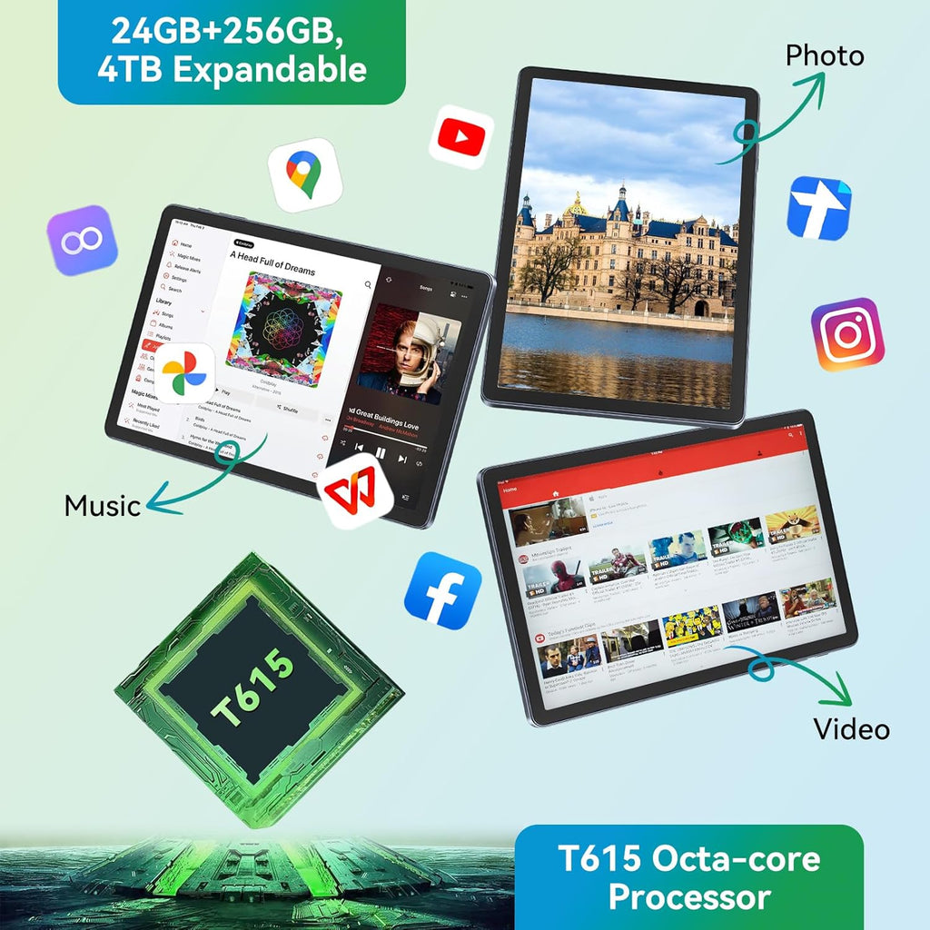 2K 11 Inch Android 16 Tablet, 24GB RAM, 256GB ROM, 1TB Expand, TUV Certified 1920x1200 FHD Screen, 8000mAh Battery with Octa-Core, Gaming Tablet with Sim Card Slot for Adults & Kids