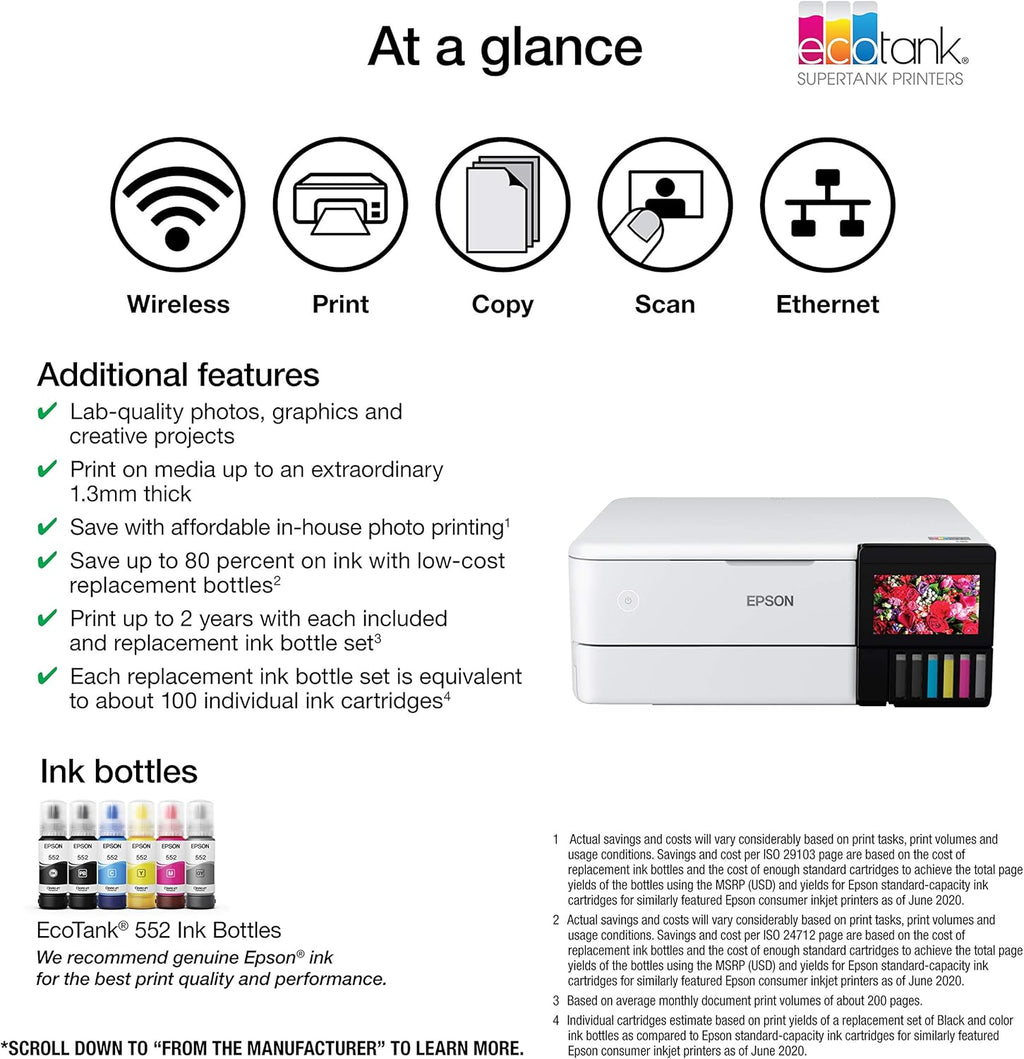 Epson EcoTank Photo ET-8500 Wireless Color All-in-One Supertank Printer with Scanner Copier, Ethernet and 4.3-inch Colorfull Touchscreen - White