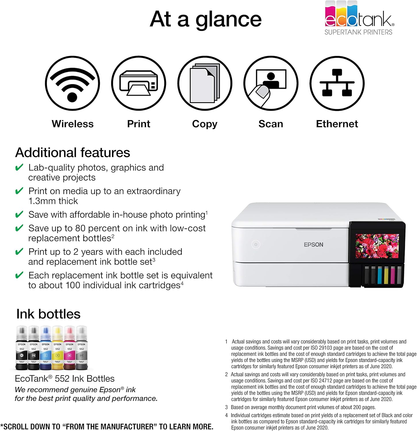 Epson EcoTank Photo ET-8500 Wireless Color All-in-One Supertank Printer with Scanner Copier, Ethernet and 4.3-inch Colorfull Touchscreen - White