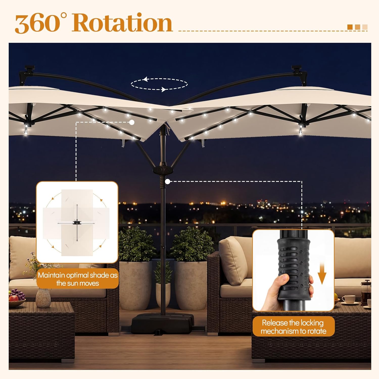 Tangkula 8x8 FT Solar Patio Umbrella with Base Included, Square Offset Cantilever Outdoor Umbrella with 32 LED Lights, 360 Degree Rotation, Crank Handle, 2 Sandbags, 8 Ribs, Air Vent for Pool Deck Garden Backyard