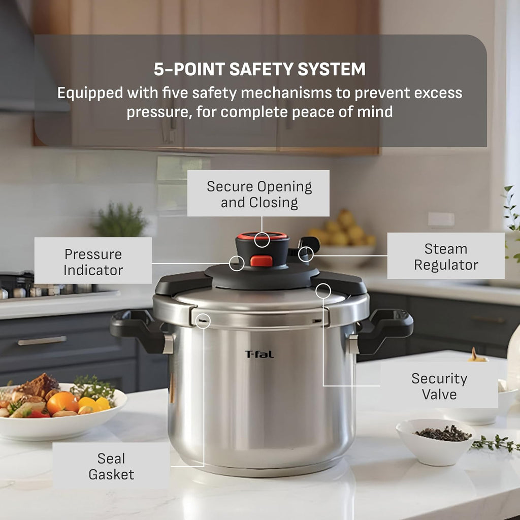 T-fal Clipso Stainless Steel Pressure Cooker, 6.3 Quart, Recipe Book, Steam Basket, Easy-Open Lid, Secure Locking System, Adjustable Pressure Valve, Induction Cookware, Pots and Pans, Kitchen, Silver