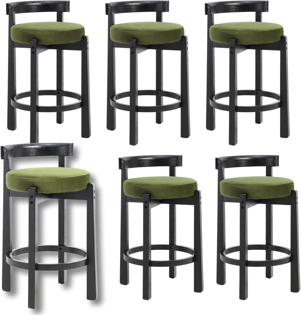 LukeAlon Mid Century Velvet Counter Stools Set of 6, Upholstered 26.5” Seat Height Barstools with Black Wood Legs Retro Modern Round Kitchen Stools with Footrest for Dining Room Bar Coffee Shop, Green