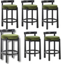 LukeAlon Mid Century Velvet Counter Stools Set of 6, Upholstered 26.5” Seat Height Barstools with Black Wood Legs Retro Modern Round Kitchen Stools with Footrest for Dining Room Bar Coffee Shop, Green