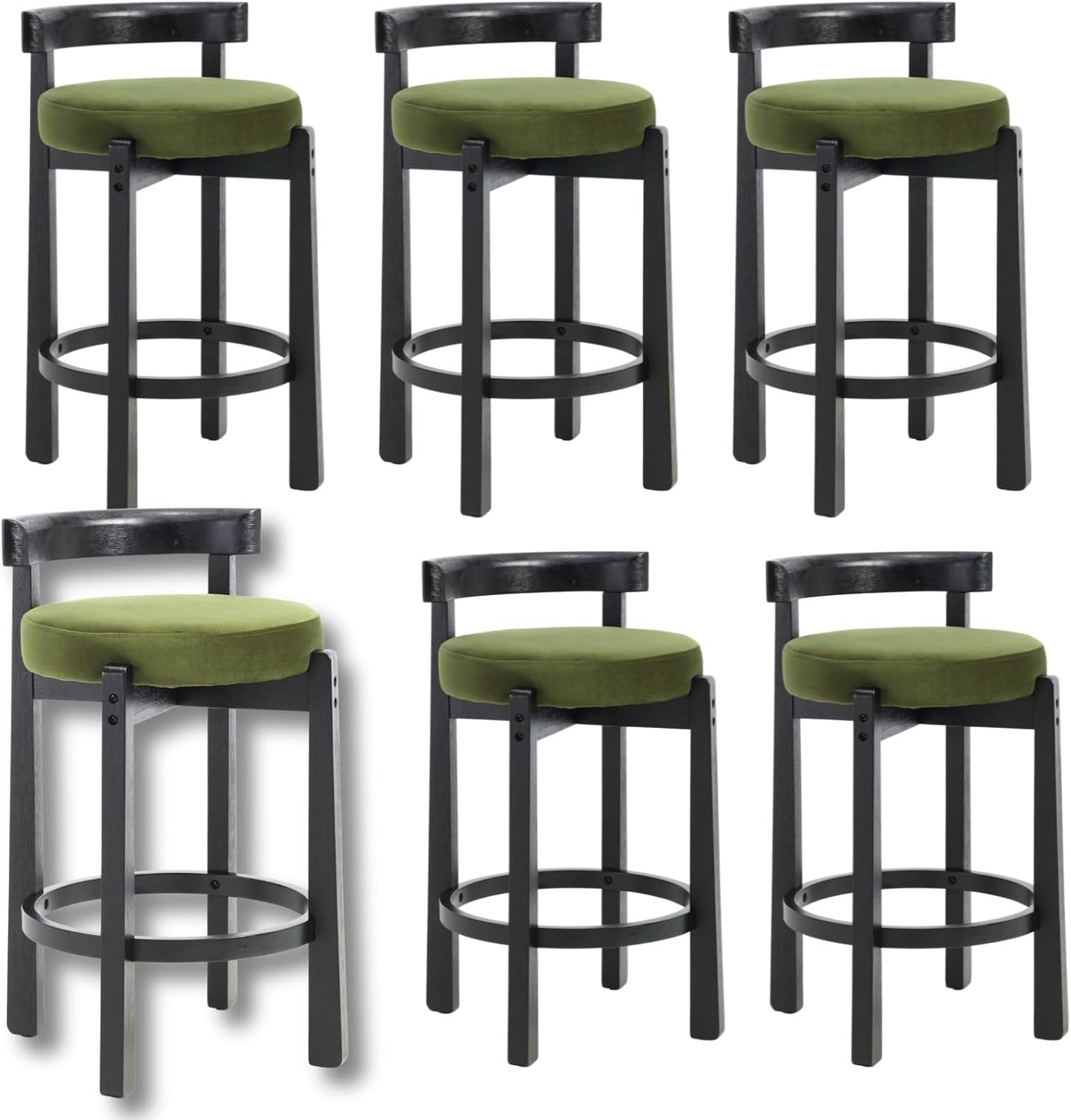 LukeAlon Mid Century Velvet Counter Stools Set of 6, Upholstered 26.5” Seat Height Barstools with Black Wood Legs Retro Modern Round Kitchen Stools with Footrest for Dining Room Bar Coffee Shop, Green