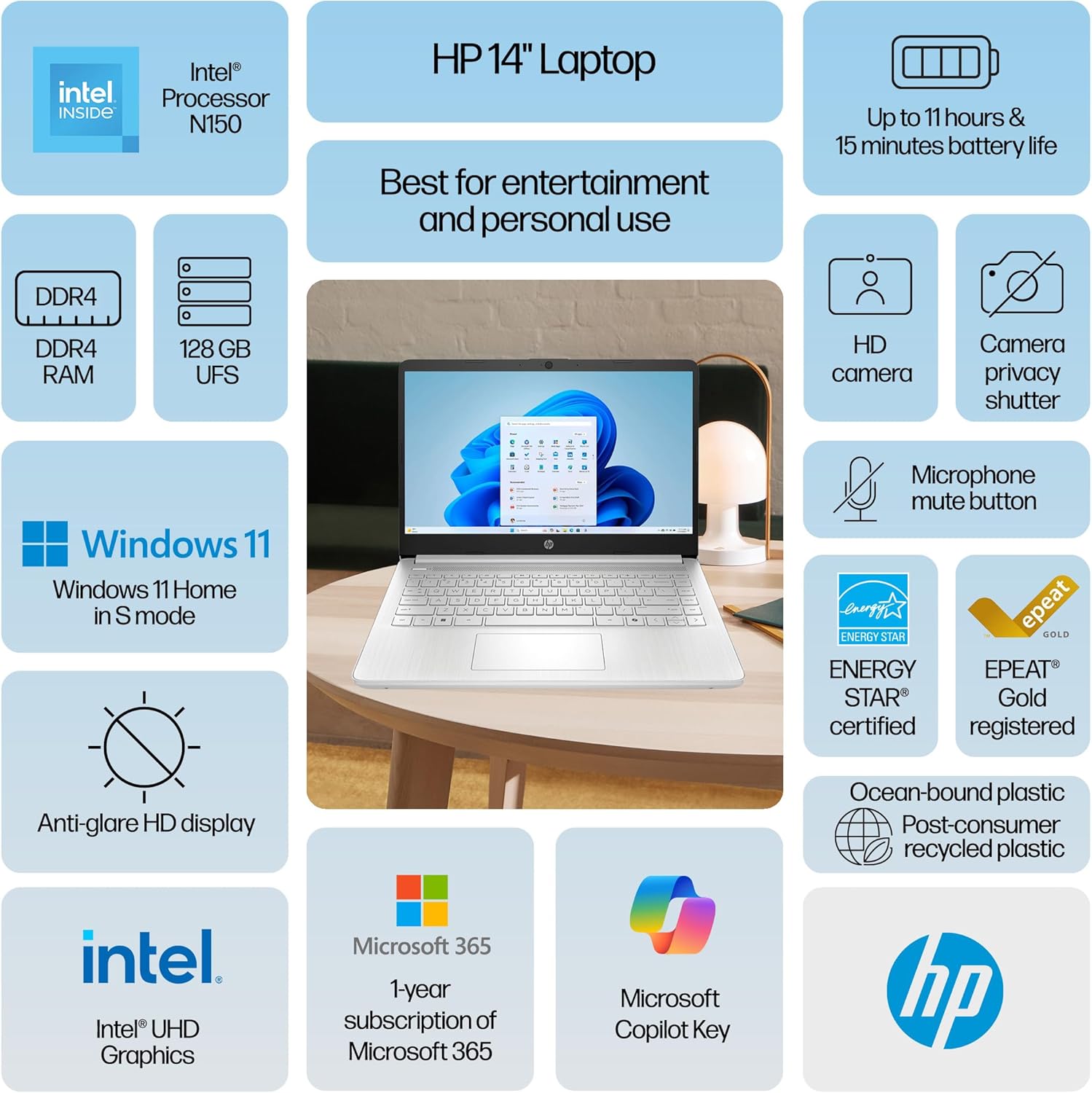 HP 2026 Ultrabook Laptop for Students & Home, Microsoft Office 365 with Copliot AI, 16GB RAM, 128GB Storage + 500GB EXT HDD, Quad-Cores Intel Processor, Windows 11, Lightweight, Long battery life