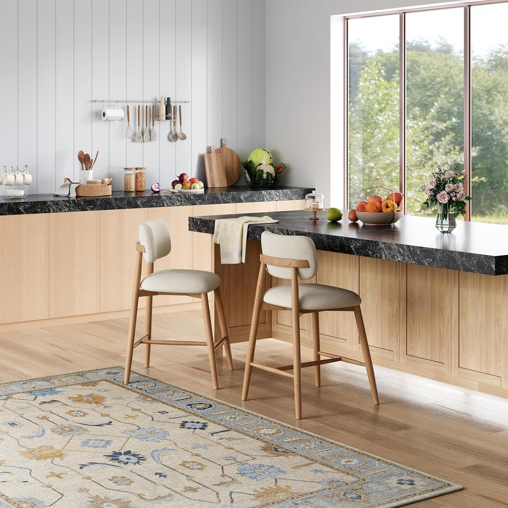 Christopher Knight Home Mundo Counter Height Bar Stools Set of 2, Fabric Upholstered Counter Stools and Curved Backrest, Rubberwood Kitchen Island Armchair with Splayed Legs, Beige + Natural