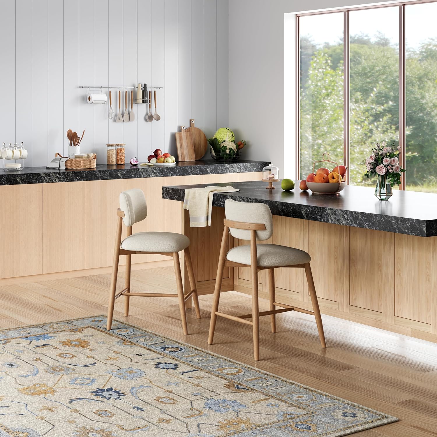 Christopher Knight Home Mundo Counter Height Bar Stools Set of 2, Fabric Upholstered Counter Stools and Curved Backrest, Rubberwood Kitchen Island Armchair with Splayed Legs, Beige + Natural