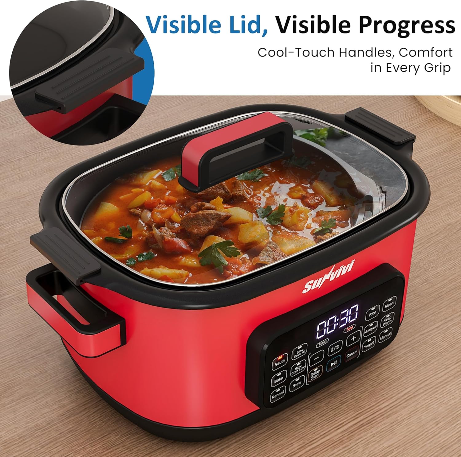 12-in-1 Multicooker, 6.5QT Slow Cooker Roaster Oven, Digital Programmable Multi Functional Pot with Timer Temp Control Delay Start Glass Lid Removable Nonstick Pot, Roast/Steam Rack, Red