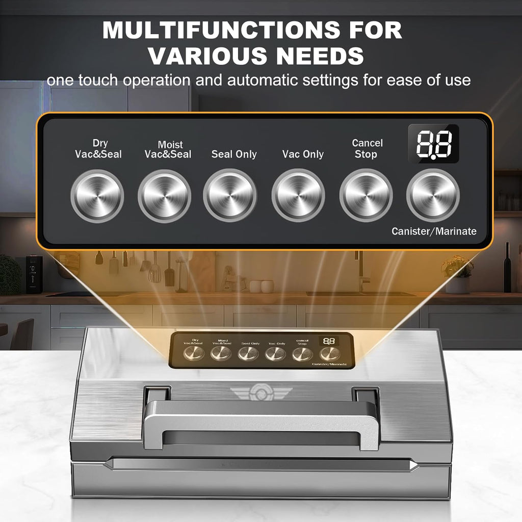Precision Food Vacuum Sealer Machine, POWOT Fully Automatic Vacuum Sealing System, Commercial Food Vacuum Saver Pro, Double Heat Seal, Easy-Lock Handle, Built-in Cutter&Bag Storage, Hose&Bag Rolls