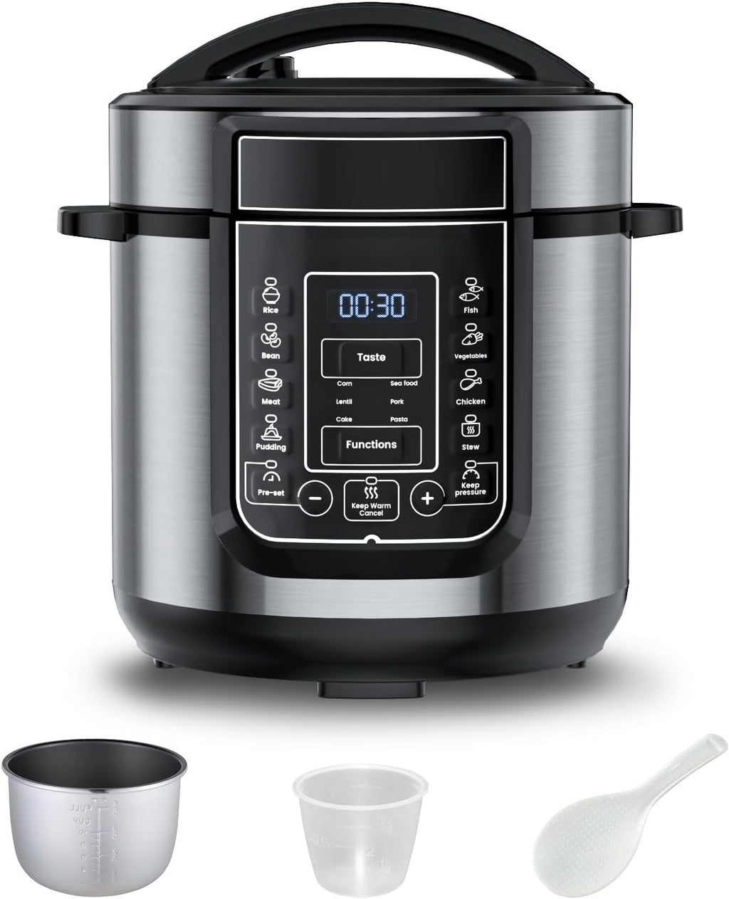 6 Qt Electric Pressure Cooker 9-in-1, 14 Presets Instant Multi-Function Pot, Slow Cooker, Rice Cooker, Cake Maker, Non-Stick, Stainless Steel