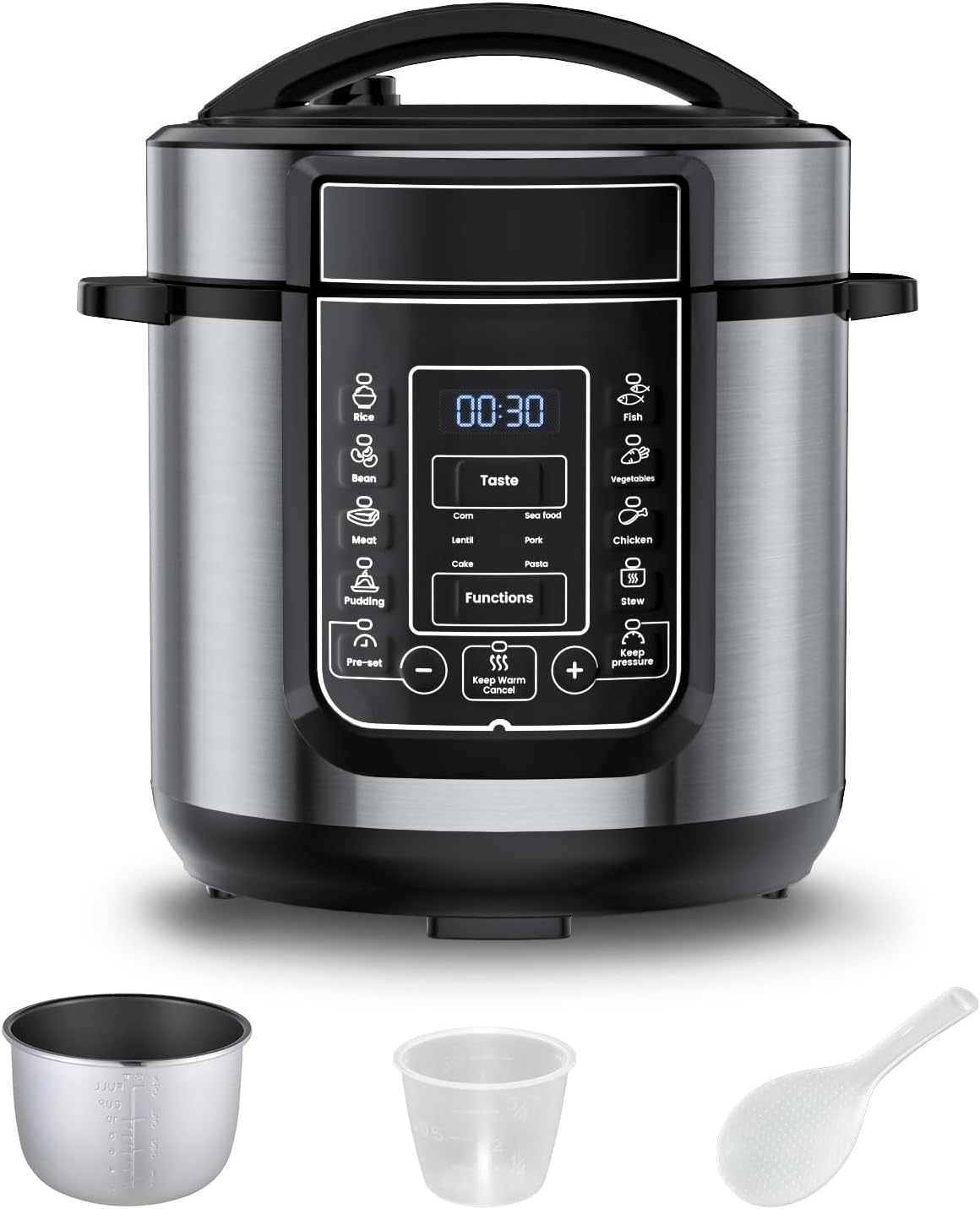 6 Qt Electric Pressure Cooker 9-in-1, 14 Presets Instant Multi-Function Pot, Slow Cooker, Rice Cooker, Cake Maker, Non-Stick, Stainless Steel