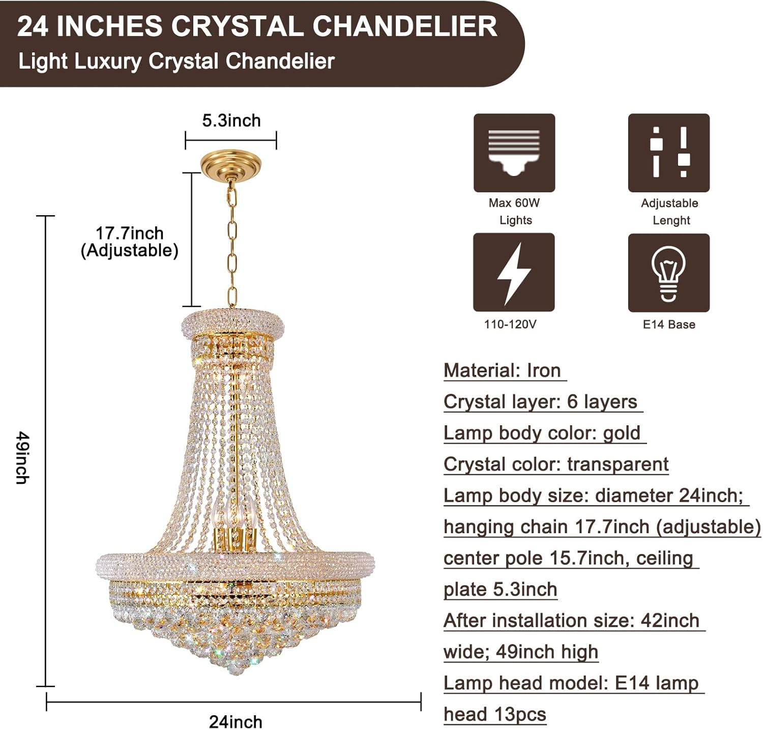24'' Gold Crystal Chandelier Lighting, 13-Light Modern Gold French Empire Foyer Chandelier, Crystal Raindrop Hanging Pendant Light Fixture for Dining Living Room Bedroom Kitchen Shop