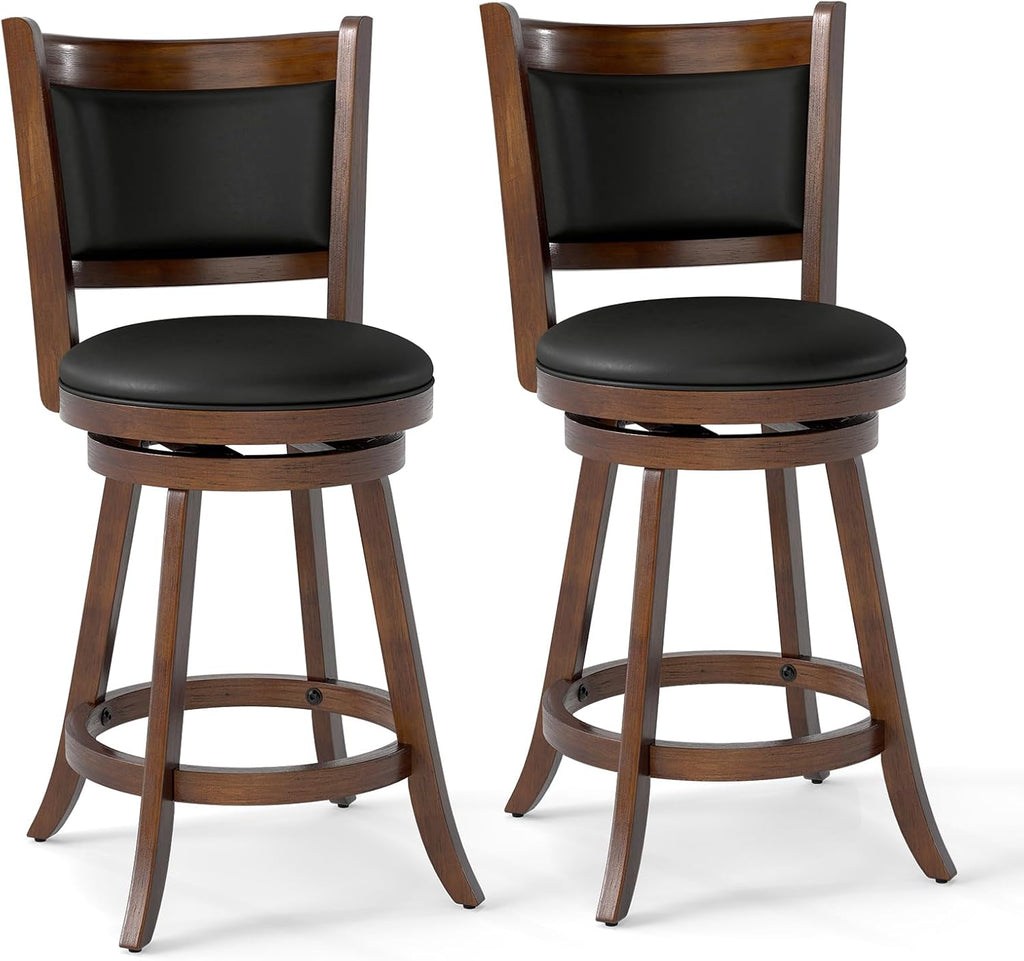 COSTWAY Bar Stools Set of 2, 360 Degree Swivel, Accent Wooden Swivel Seat Counter Height Bar Stool, Leather Upholstered Design, PVC Cushioned Seat, Perfect for Dining and Living Room (Height 24")