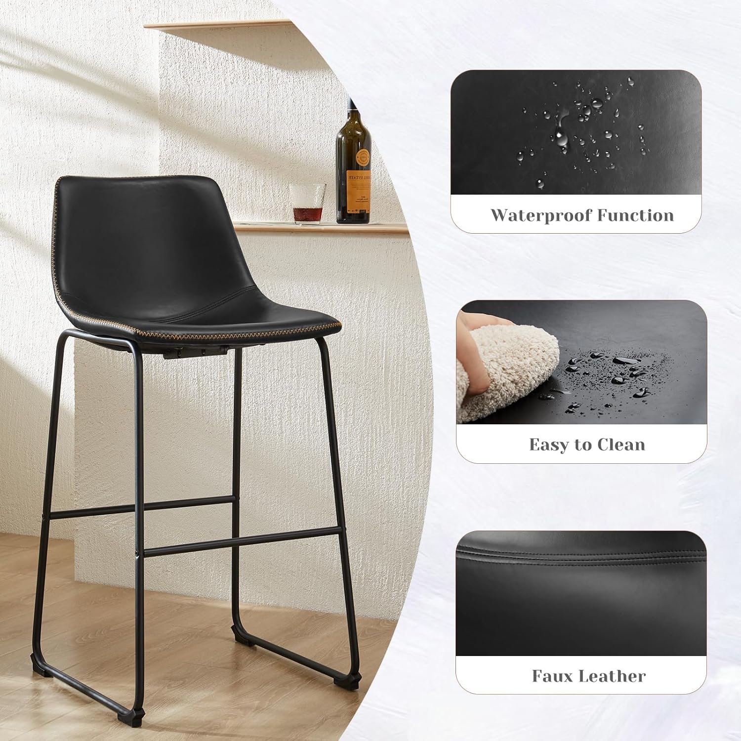 Sweetcrispy Counter Height Bar Stools Set of 4, 30 inch Height Stool Faux Leather Barstools with Back, Armless Kitchen Island Countertop Comfortable Modern Chairs with Metal Legs, Elegant Black