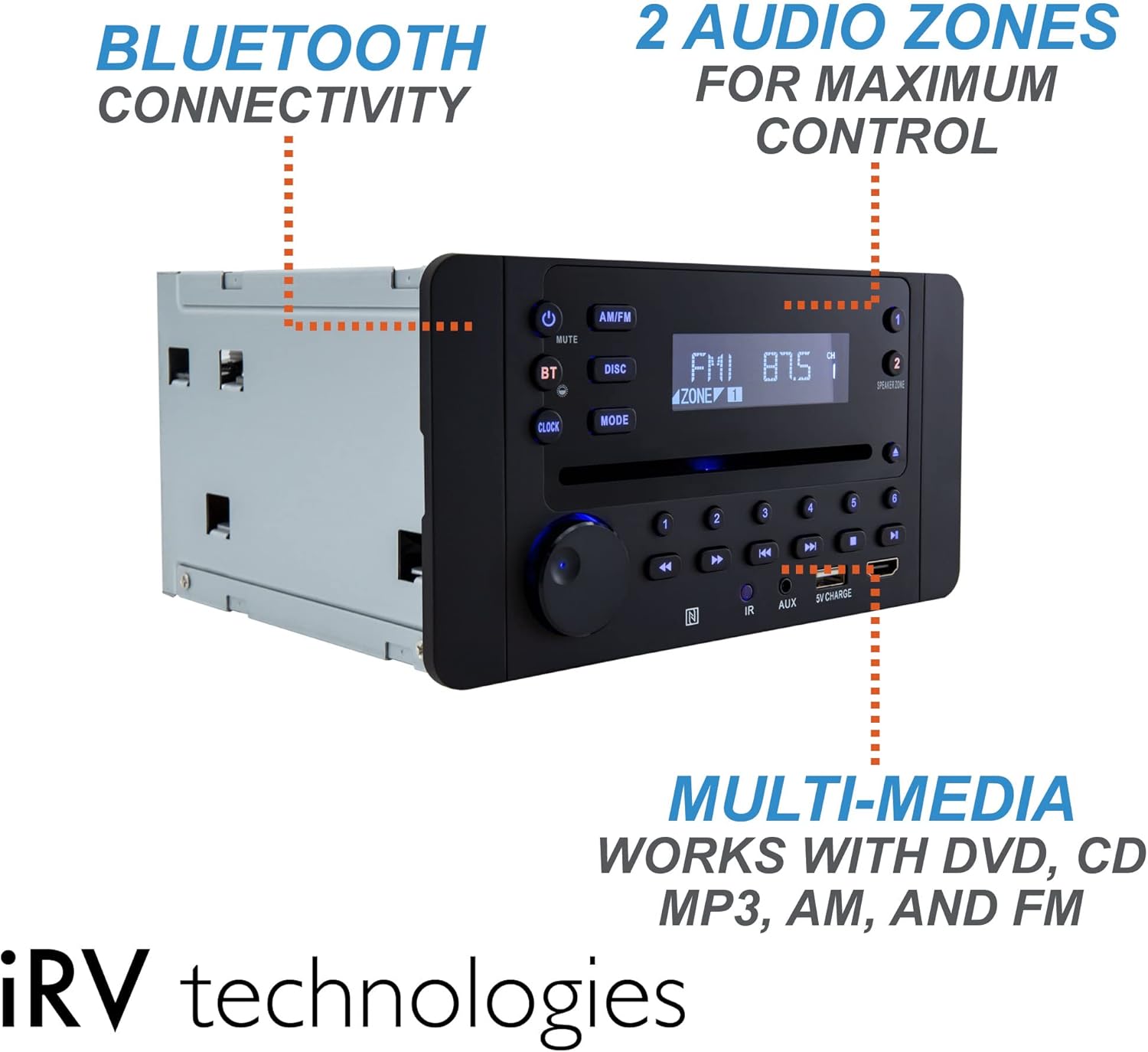 IRV Technology iRV62 Wallmount RV Stereo with Bluetooth HDMI ARC, App Control, FM|AM|DVD|CD|MP4|App, NFC, USB Charging, Digital Surround Sound, Clock, 2-Speaker Zone, CEC Support