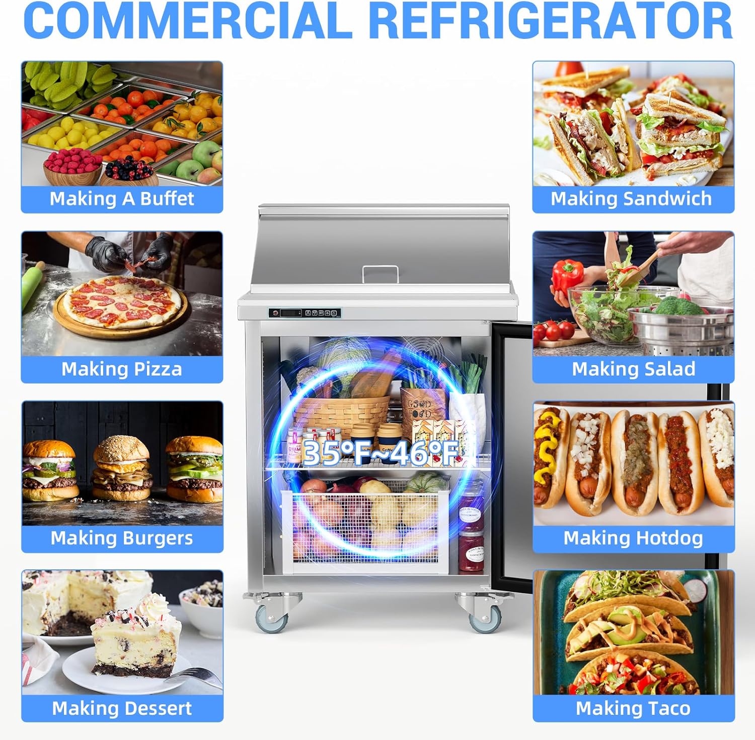 GarveeHome Commercial Refrigerator, 28" Undercounter Worktop Refrigerator,7.4 cu. ft W Single Door Thick Stainless Steel Refrigerator Sandwich Salad Prep Station Cooling with Cutting Board and 8 Pans
