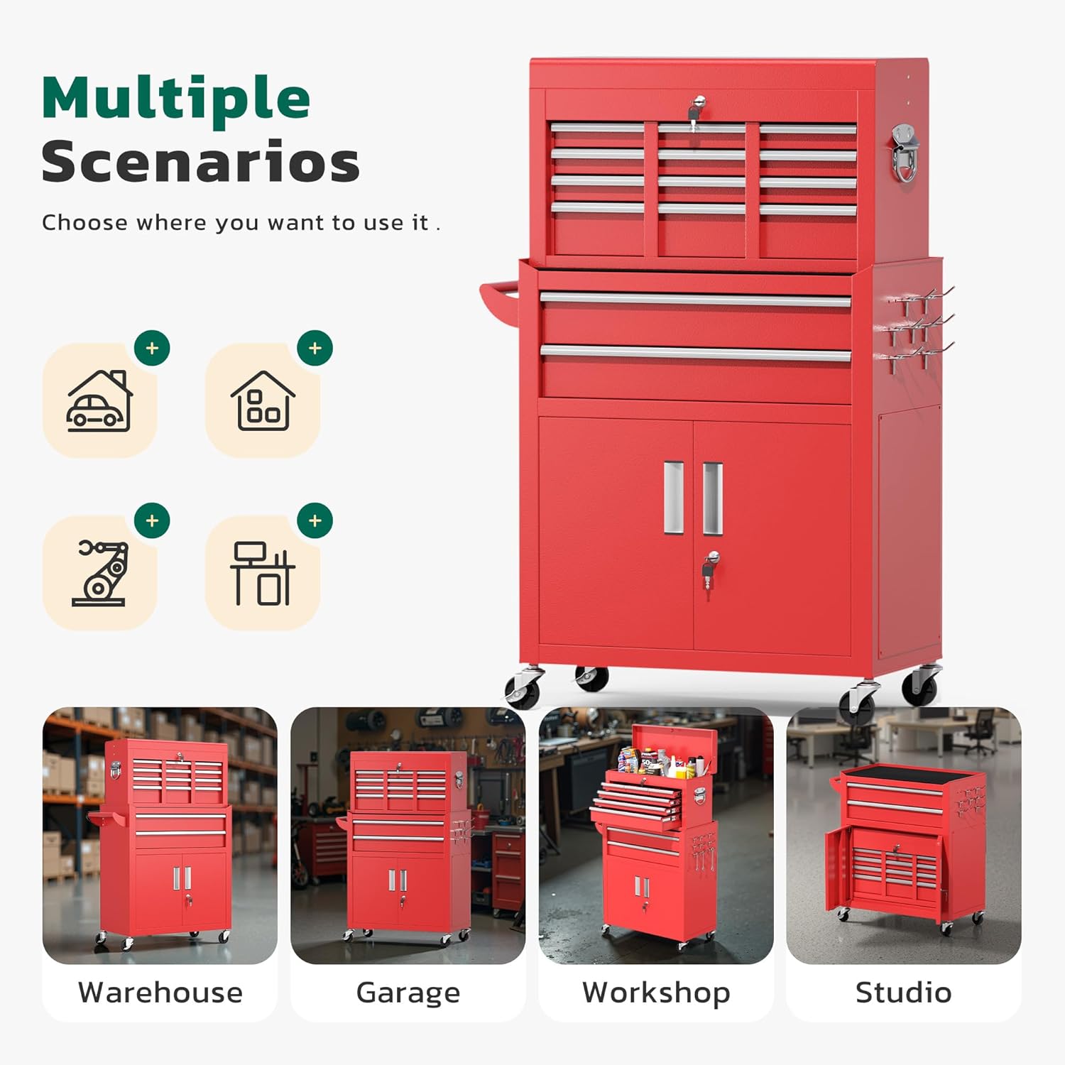Greenvelly 8-Drawer Rolling Tool Chest, Assembled 2 in 1 Detachable Metal Tool Box with Wheels, Lockable Steel Tool Cart with Drawer Liners & Side Hooks for Garage, Workshop, Repair Room (Red)