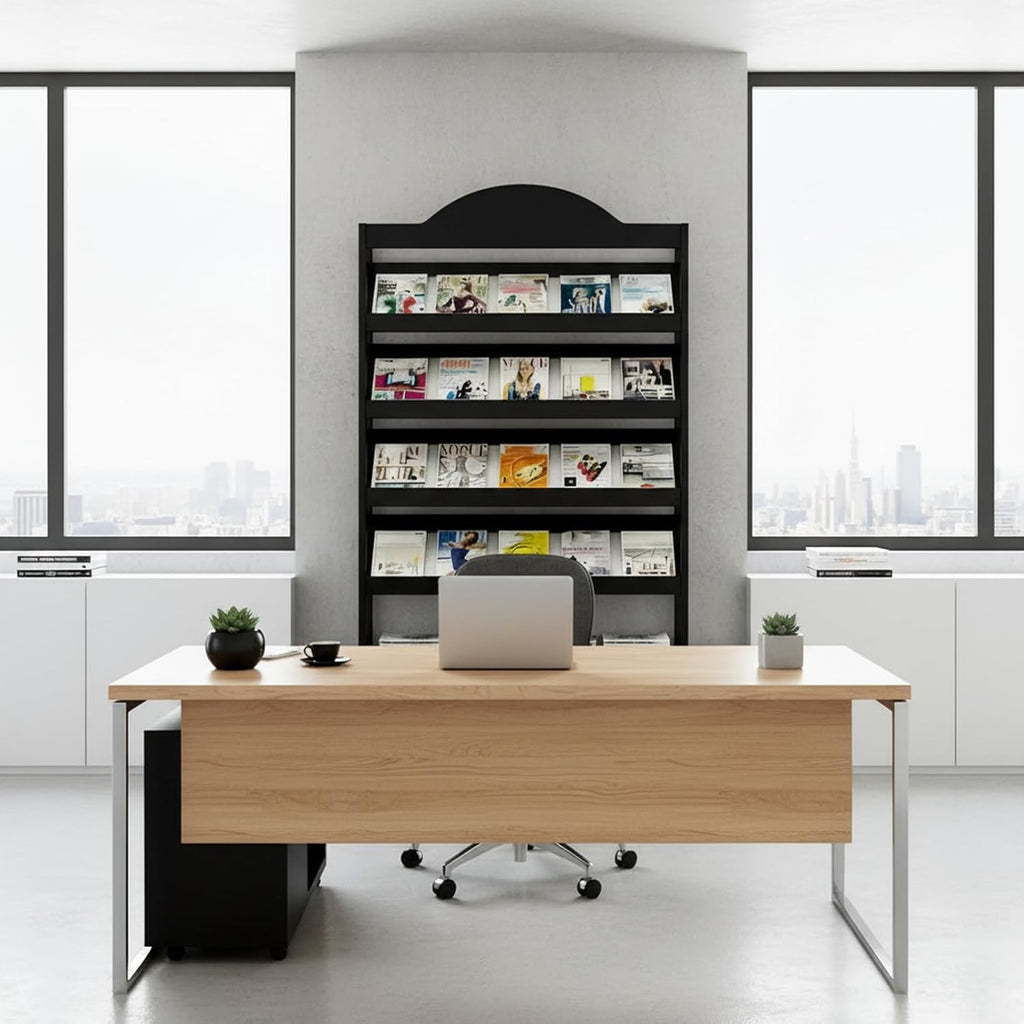 Magazine Rack Floor, 3/4-Tier Floor Magazine Rack with Bottom Storage Cabinet, Sturdy Carbon Steel & Wood Literature Stand, Space-Saving Design for Living Room, Coffee Shop, Office, School
