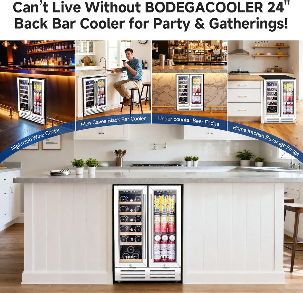 BODEGA COOLER Wine and Beverage Refrigerator, 24 Inch Dual Zone Wine Fridge, Holds 20 Bottles and 74 Count, French Doors, Under-counter or Freestanding Wine Cooler, Beverage Fridge with Tempered Glass