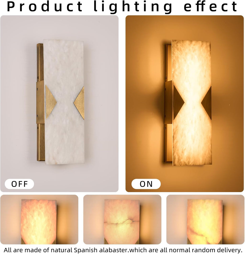 Alabaster Wall Sconces Set of 2,14.2in Modern Natural Marble Vanity Light, Hardwired Brass Gold Wall Sconces Lighting for Living Room,Bedroom,Indoor LED Alabaster Sconces for Bathroom Mirror,Hallway