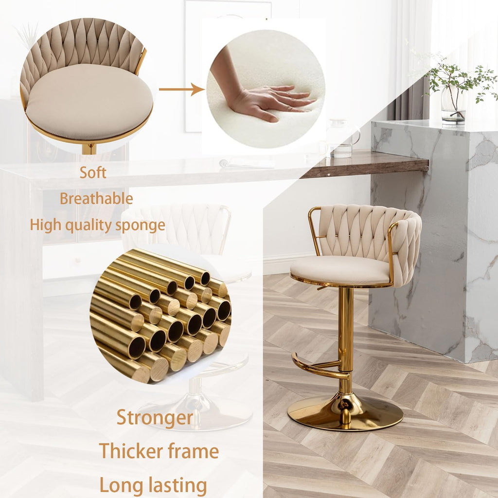Riknuxi Woven Bar Stools Set of 4, Counter Height Bar Stools with Low Back, Gold Swivel Barstools for Kitchen Island, Bar Pub (Beige)
