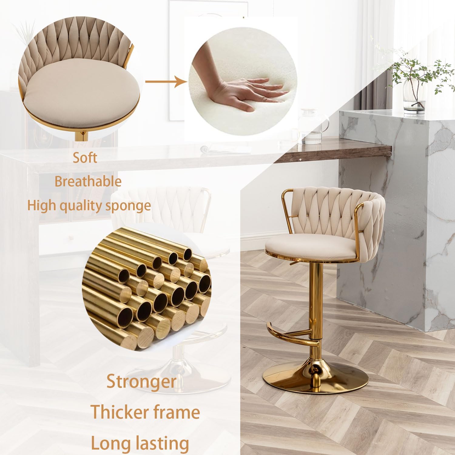 Riknuxi Woven Bar Stools Set of 4, Counter Height Bar Stools with Low Back, Gold Swivel Barstools for Kitchen Island, Bar Pub (Beige)