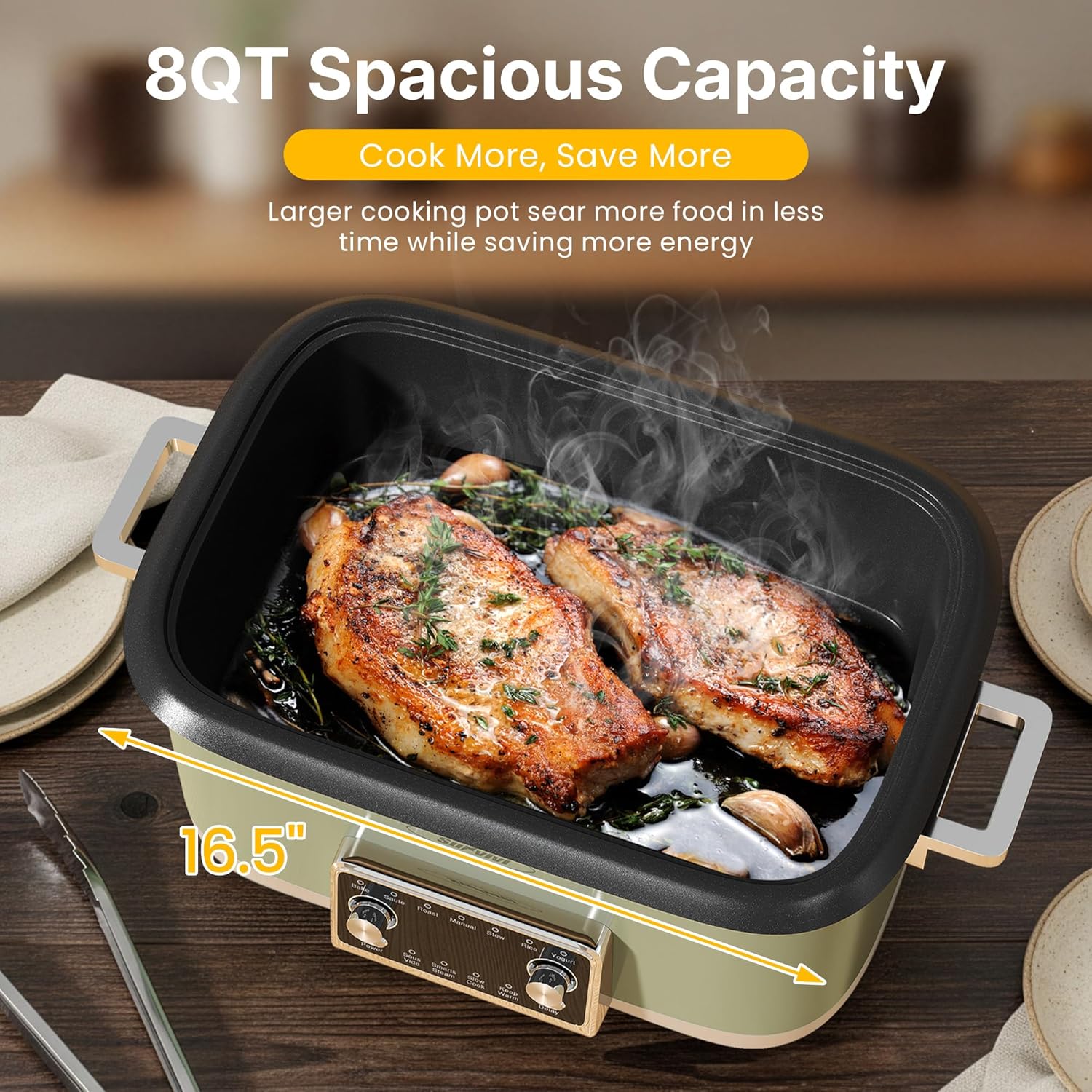 12-in-1 Programmable Slow Cooker Roaster Oven, 8 Quart Digital Multi-Cooker Food Warmer with Timer, Temp Control & Auto Shut Off, Removable Non-Stick Pot, Dishwasher-Safe Glass Lid, Green