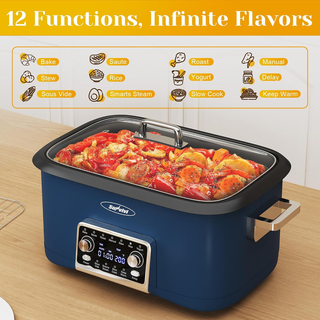 Sunvivi 8 Quart Slow Cooker Roaster Oven, 12 in 1 Programmable Multi-Cooker Food Warmer with Digital Timer, Temp Control, Removable Cast Aluminum Pot & Dishwasher-Safe Tempered Glass Lid, Blue