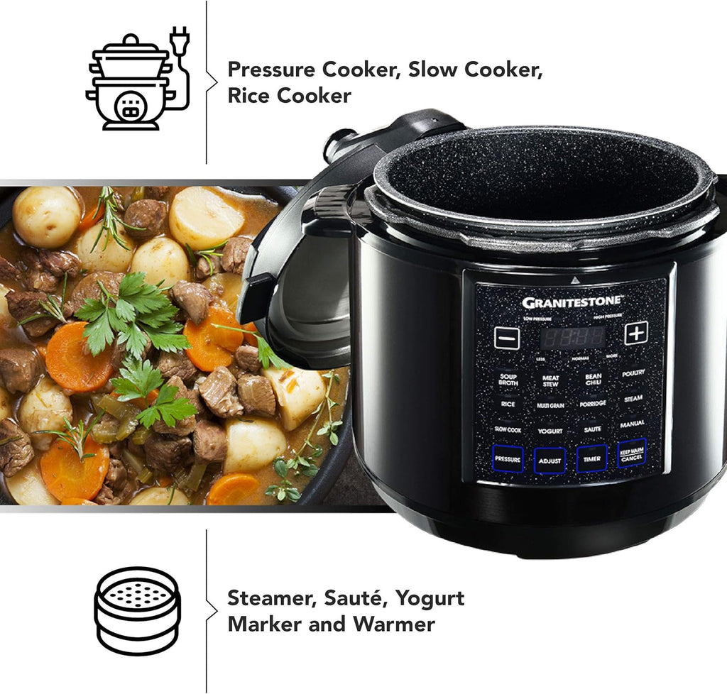 Granitestone 12-in-1 Multicooker with LED Display, Electric Pressure Cooker, Slow Cooker, Rice Cooker, Steamer, Saute, Yogurt Maker and Warmer, 6 Quart, 12 Pre-Set Functions As Seen On TV