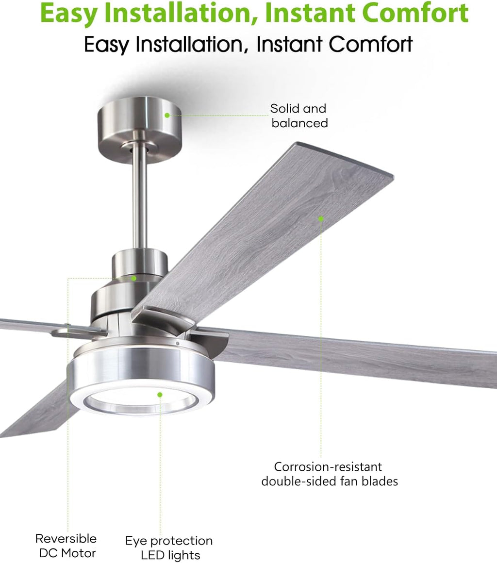 60 Inch Large Ceiling Fans with Lights and Remote/APP, Modern Brushed Nickel Ceiling Fan, 3CCT Dimmable, 6-Speeds Reversible, Quiet High Airflow Fan with Long Downrods for Living Room, Shop