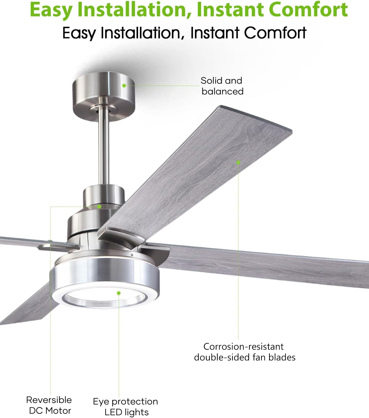 60 Inch Large Ceiling Fans with Lights and Remote/APP, Modern Brushed Nickel Ceiling Fan, 3CCT Dimmable, 6-Speeds Reversible, Quiet High Airflow Fan with Long Downrods for Living Room, Shop