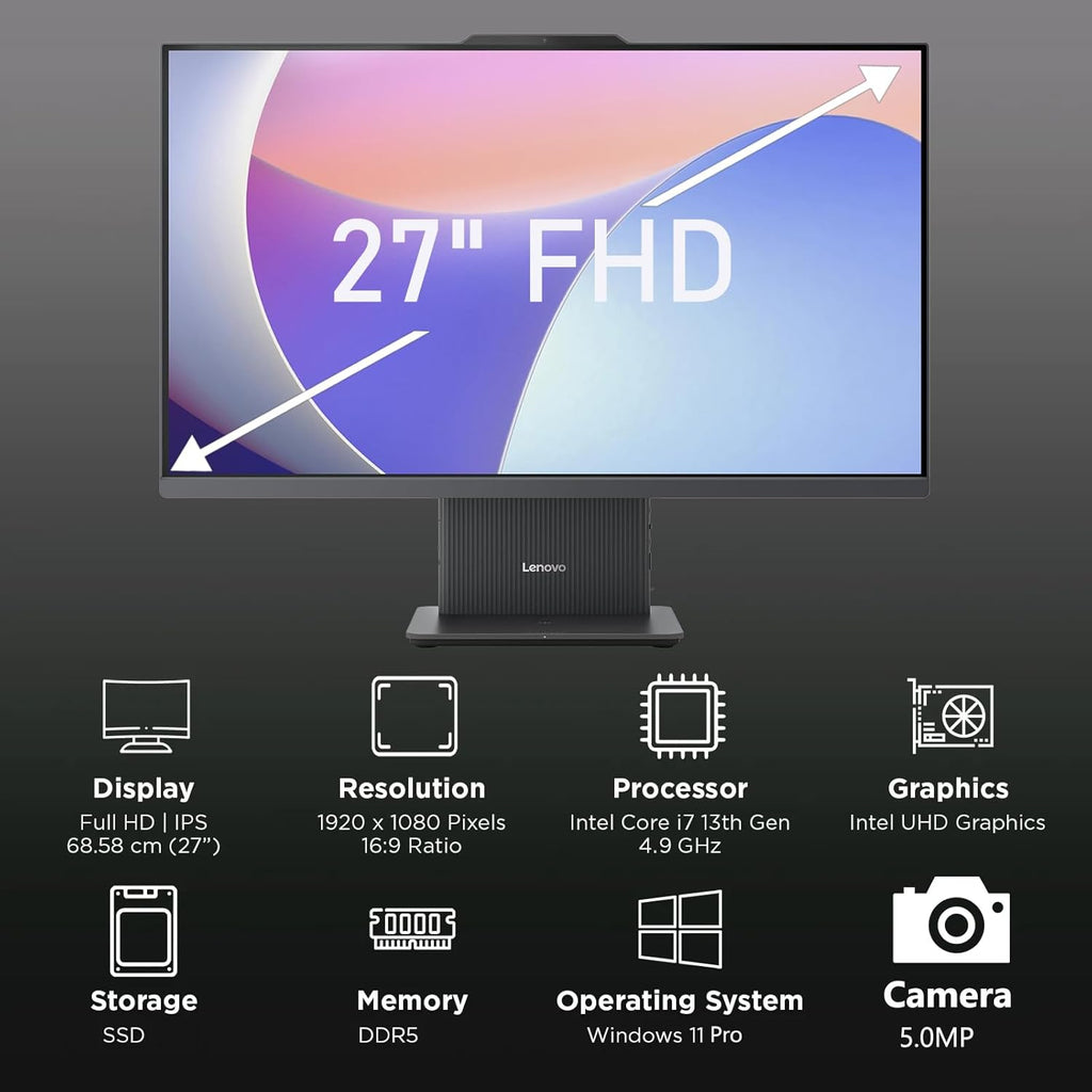 Lenovo IdeaCentre 27" All-in-One Desktop PC, Intel Core i7-13620H 10-Core 4.9GHz, 8GB DDR5 RAM, 512GB PCIe SSD, 5MP Webcam, Harman Audio, WiFi 6, Windows 11 Pro, Luna Grey AIO 27