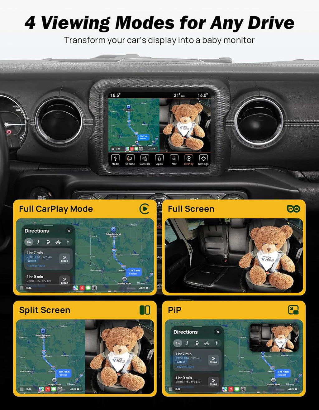 JOYTUTUS Baby Car Camera with Wireless CarPlay Adapter, 1080P HD Rear Seat Monitor Display on Car Screen, Baby Car Monitor for Kids 150°Wide, Rear Facing Monitor Essentials Shower Gifts for Pets