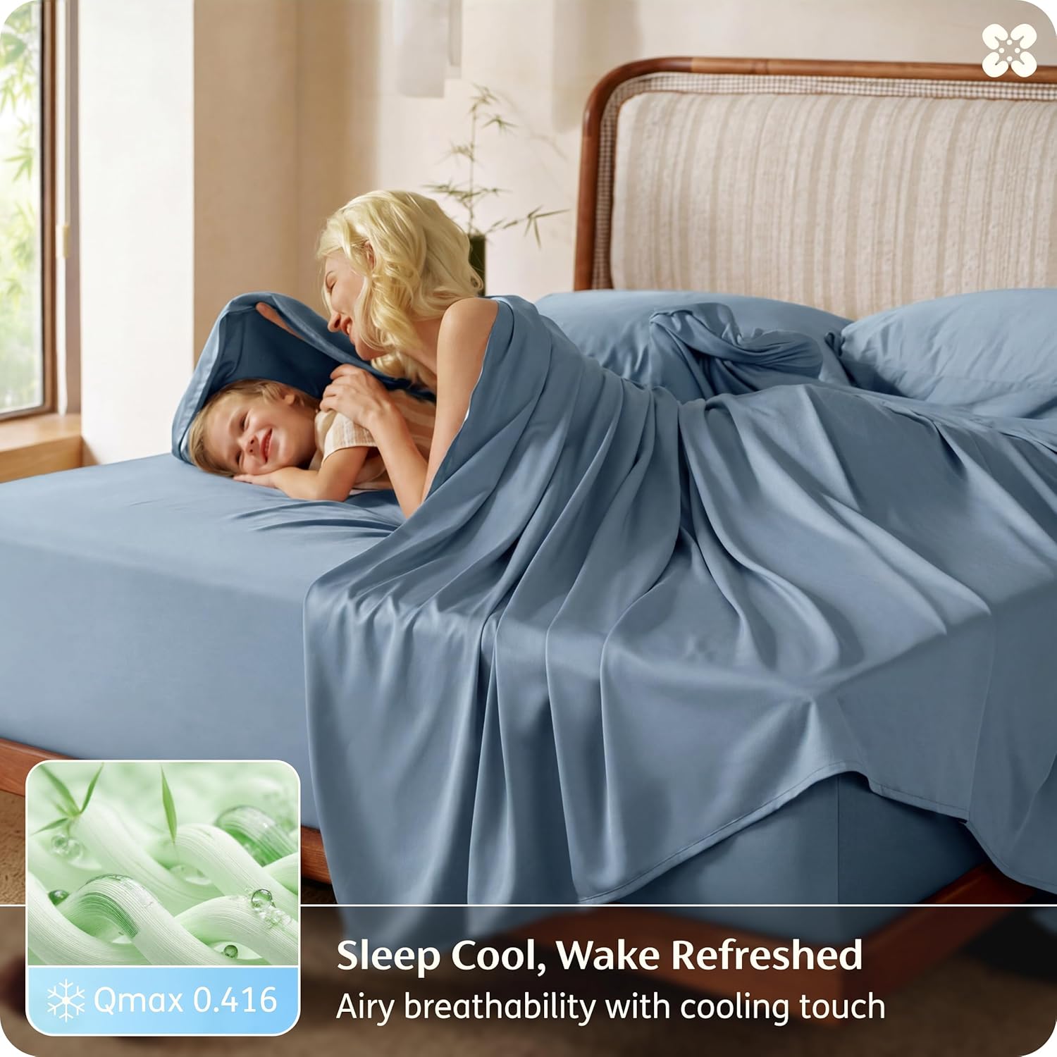 Bedsure 100% Organically Grown Bamboo Viscose Queen Sheet Set | Cooling Bedsheets for Hot Sleepers | Luxury Silky Soft PureWoven | 18" Deep Pocket with Corner Straps | Oeko-Tex Mineral Blue