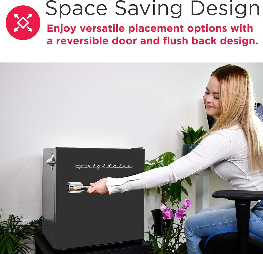 FRIGIDAIRE Black Retro Mini Refrigerator-Energy Saving-Adjustable Thermostat Control-Side Mounted Bottle Opener-Ideal for Dorm, Office, RV, Garage, Apartment 1.6 Cubic Feet
