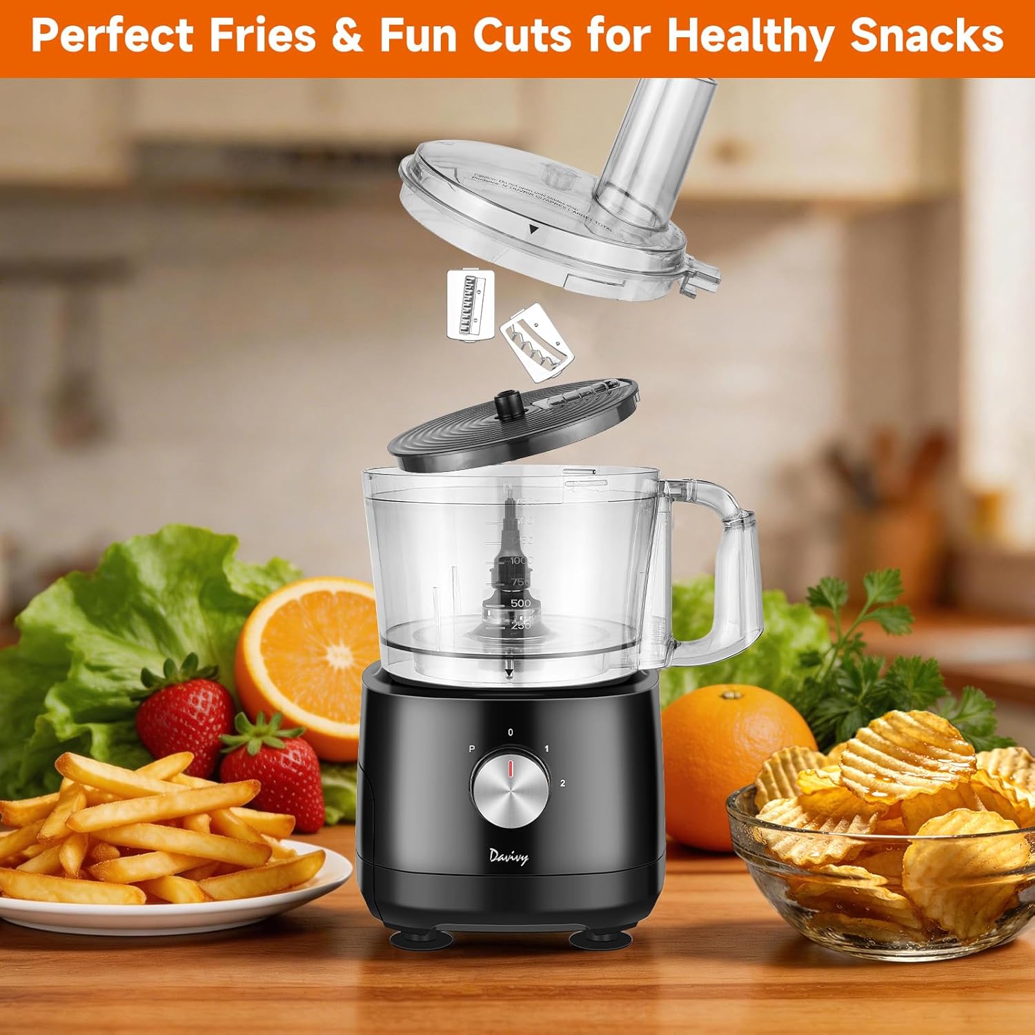 Davivy 7-Cup Food Processor with Built-in Storage Drawer | 600W Motor, 10-Blade Set for French Fries, Wavy Slicing, Dough Kneading | 3-Speed Compact Chopper for Home Kitchen Meal Prep, Black