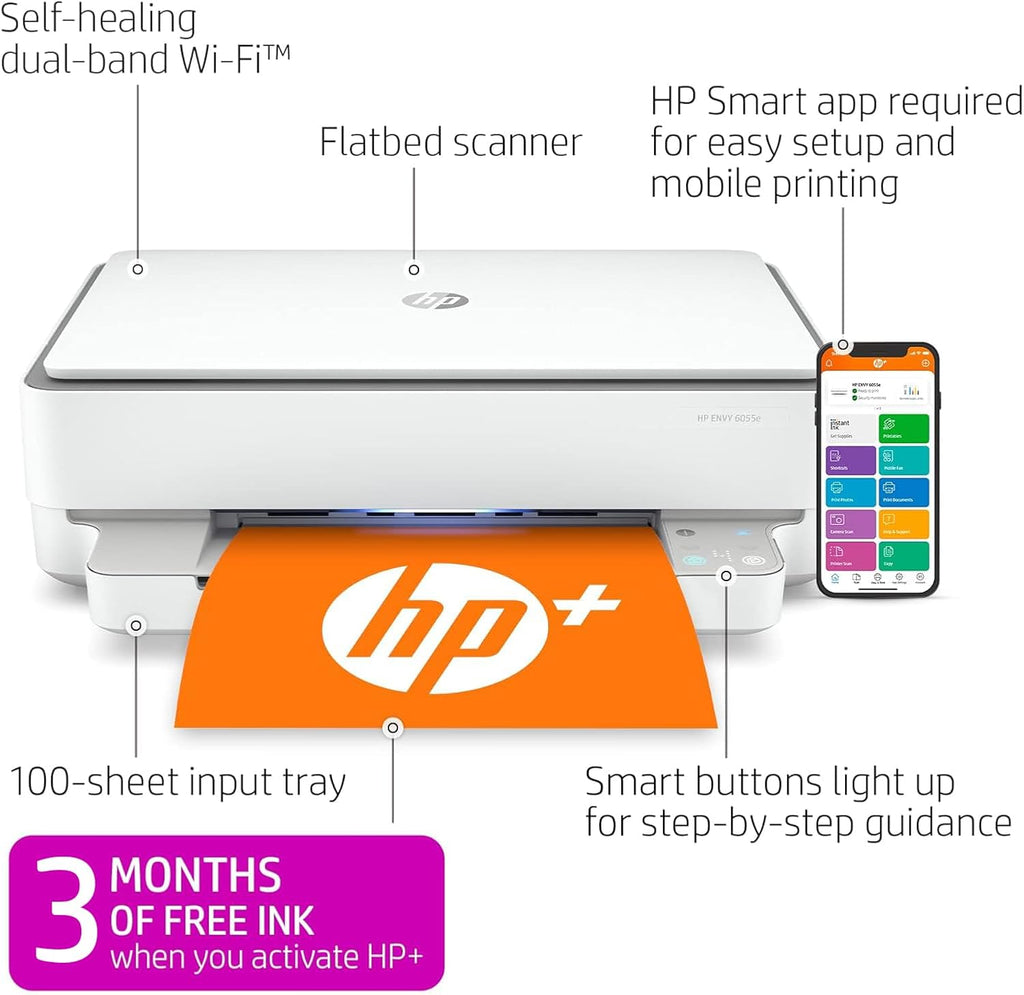 HP ENVY 6055e Wireless Color Inkjet Printer, Print, scan, copy, Easy setup, Mobile printing, Best-for-home, 3 month Instant Ink trial included, white