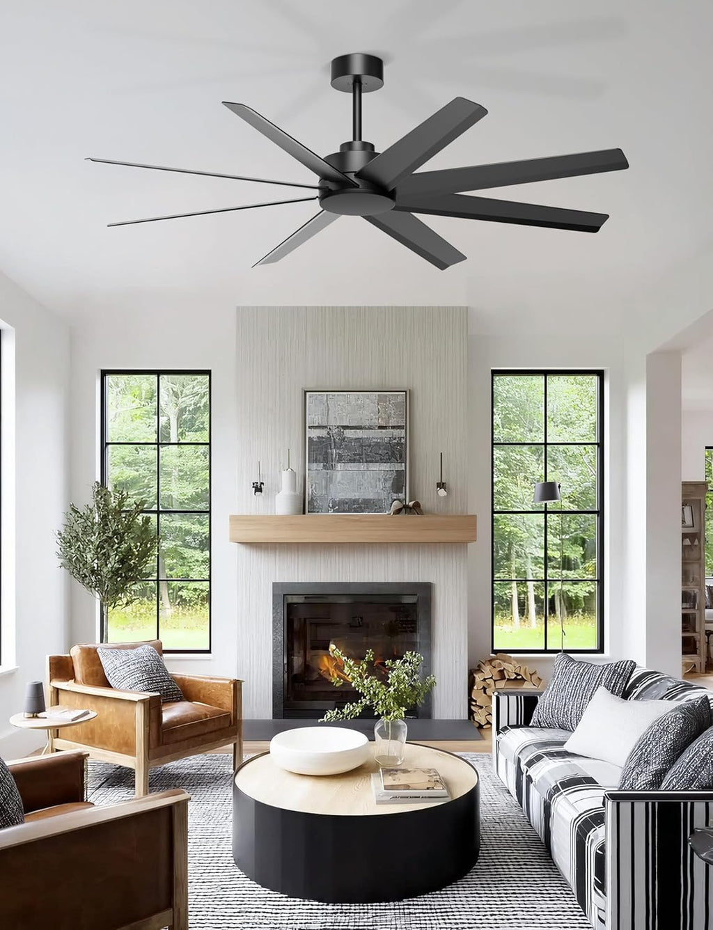 Ohniyou 60'' Ceiling Fan No Light - Modern Black 8 Blades Ceiling Fan Remote/APP Control, DC Motor Outdoor Fan for Covered Patio, Living Room, Shop, Garage