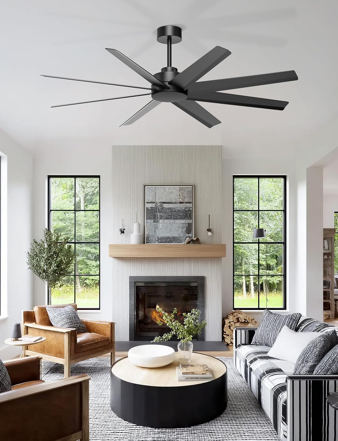 Ohniyou 60'' Ceiling Fan No Light - Modern Black 8 Blades Ceiling Fan Remote/APP Control, DC Motor Outdoor Fan for Covered Patio, Living Room, Shop, Garage
