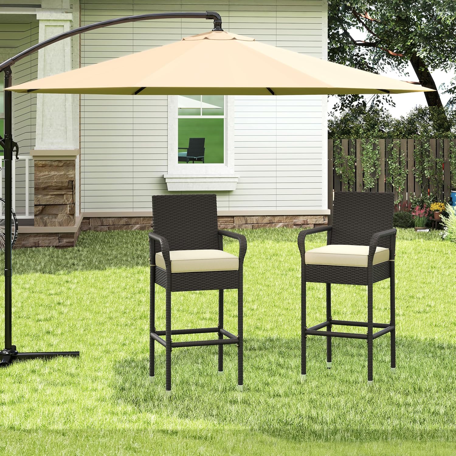Yaheetech Outdoor Bar Stools Set of 4, Patio Wicker Chairs with Armrests, Footrests, Cushion for Porch Garden Balcony Backyard, Brown/Beige