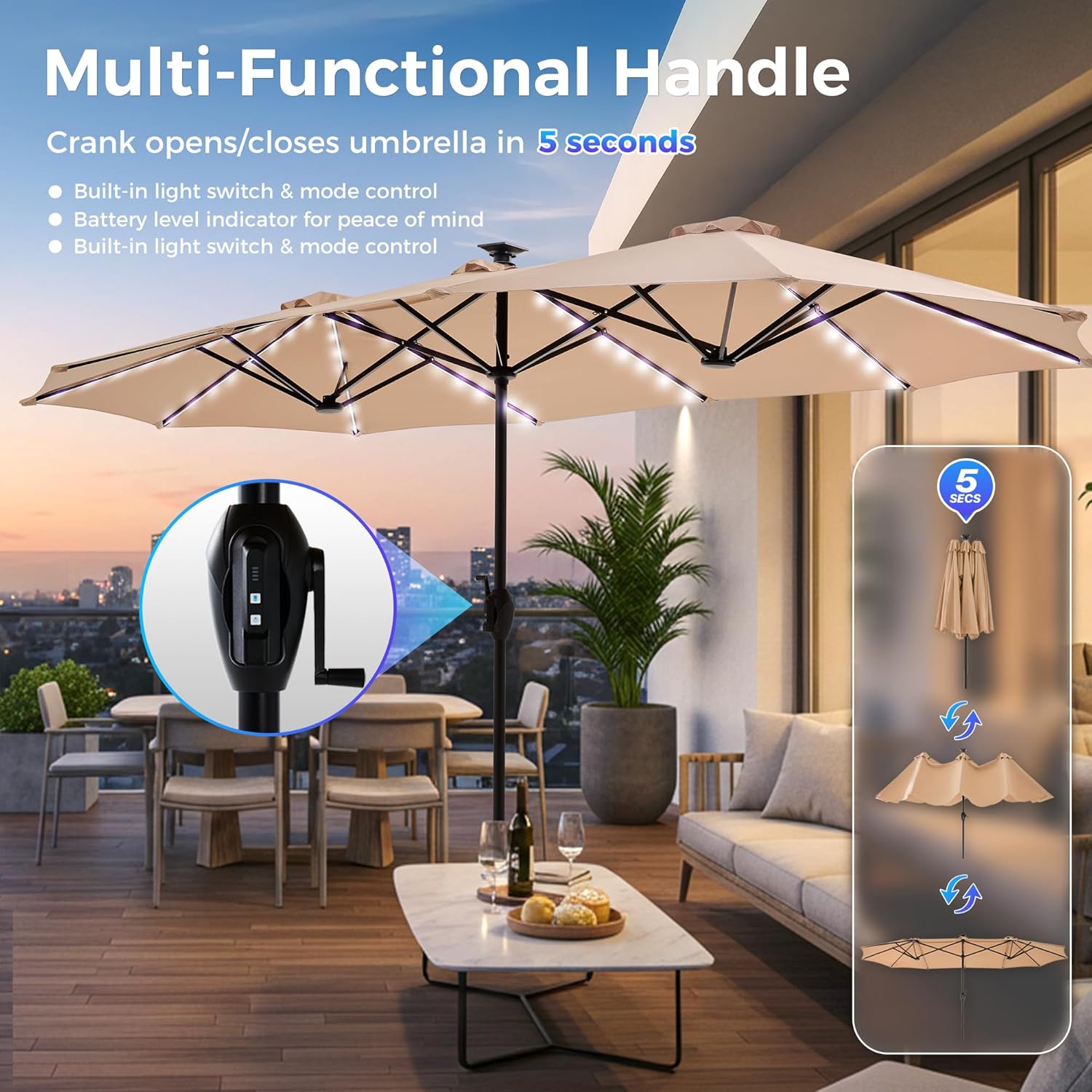 SUPERJARE 13ft Outdoor Patio Umbrella with Solar Lights, Double-sided Deck Pool Umbrella with 1.5 Inch Pole, Fade Resistant Canopy, 12 Sturdy Ribs, for Porch, Market, Backyard, Beige (No Base)