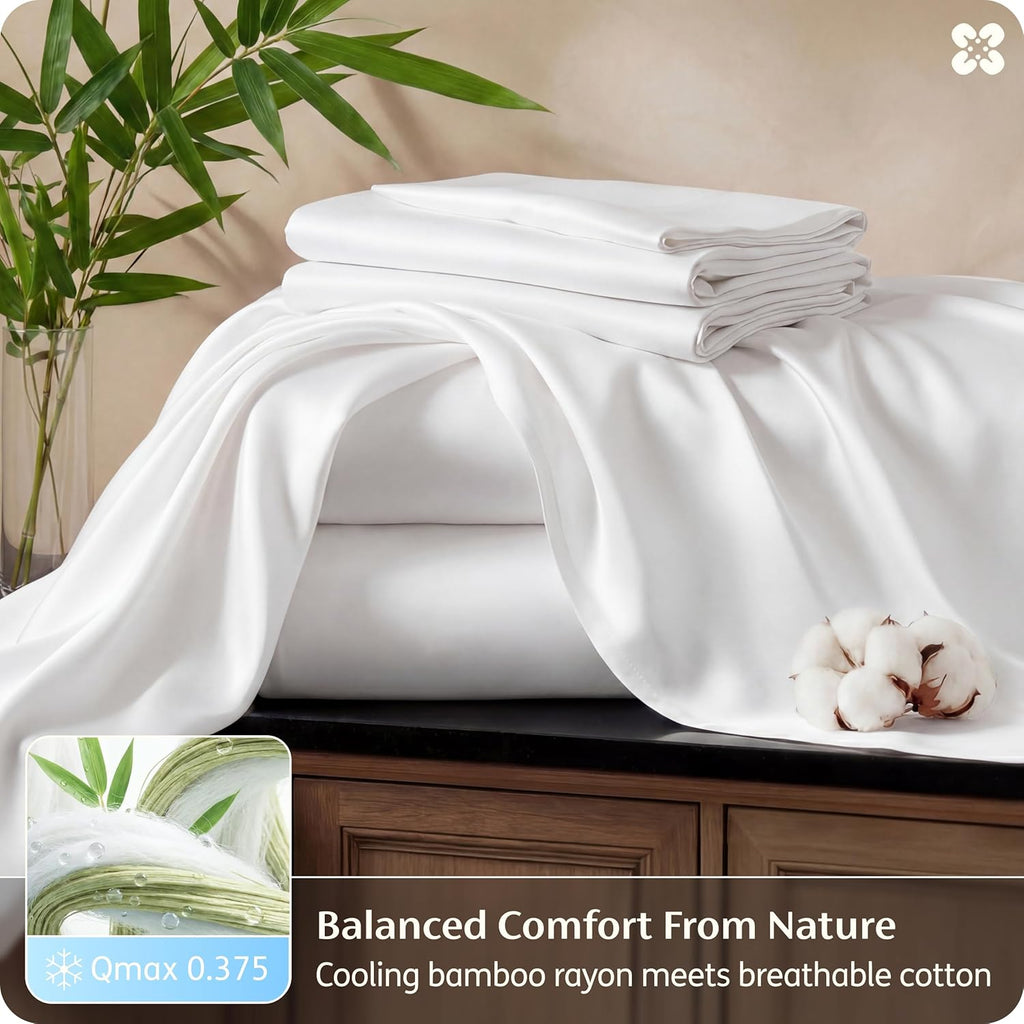 Bedsure Bamboo Viscose Cooling Sheets, Rayon Cotton Serene Blend, PureWoven, Breathable & Buttery Soft King Size Sheets Set, Deep Pocket Up to 18", Hotel Luxury Bedding for Hot Sleepers, White