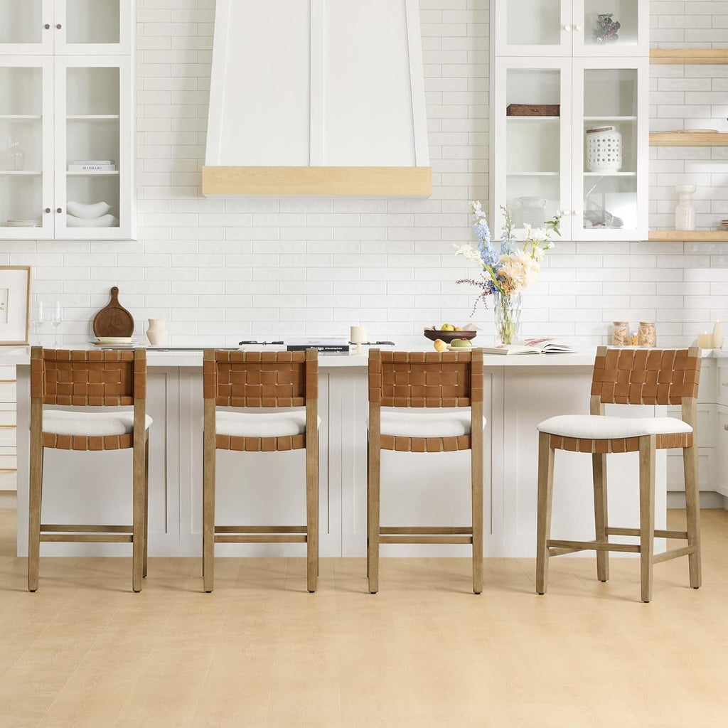 CHITA Woven Bar Stools Set of 3, 26" Counter Height Bar Stools with Backrest, Handwoven Counter Stools with Wood Frame for Kitchen Island & Home Bar, Saddle Brown