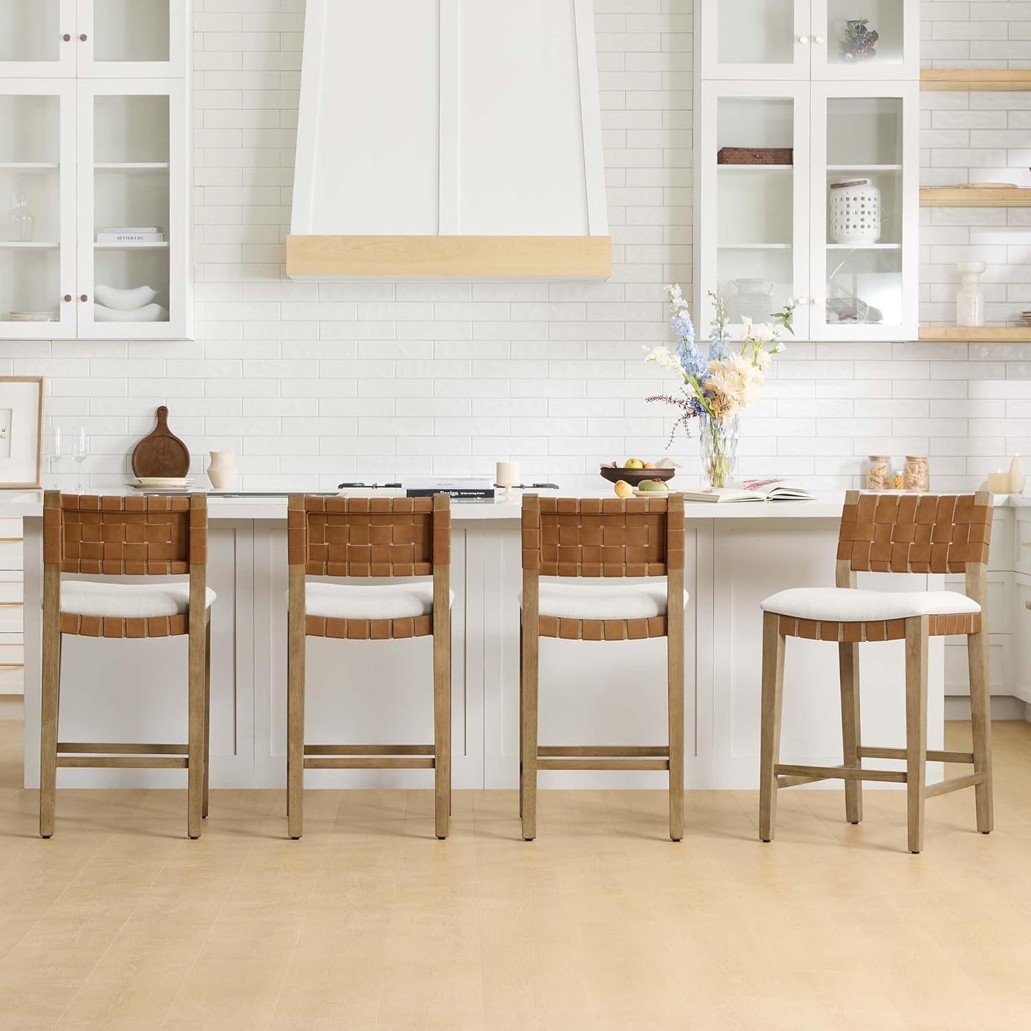 CHITA Woven Bar Stools Set of 3, 26" Counter Height Bar Stools with Backrest, Handwoven Counter Stools with Wood Frame for Kitchen Island & Home Bar, Saddle Brown