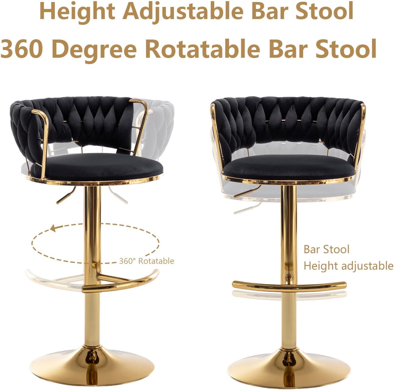 Riknuxi Velvet Bar Stools Set of 3, Counter Height Barstools with Low Back, Gold Swivel Bar Stool for Kitchen Island, Pub (Black)