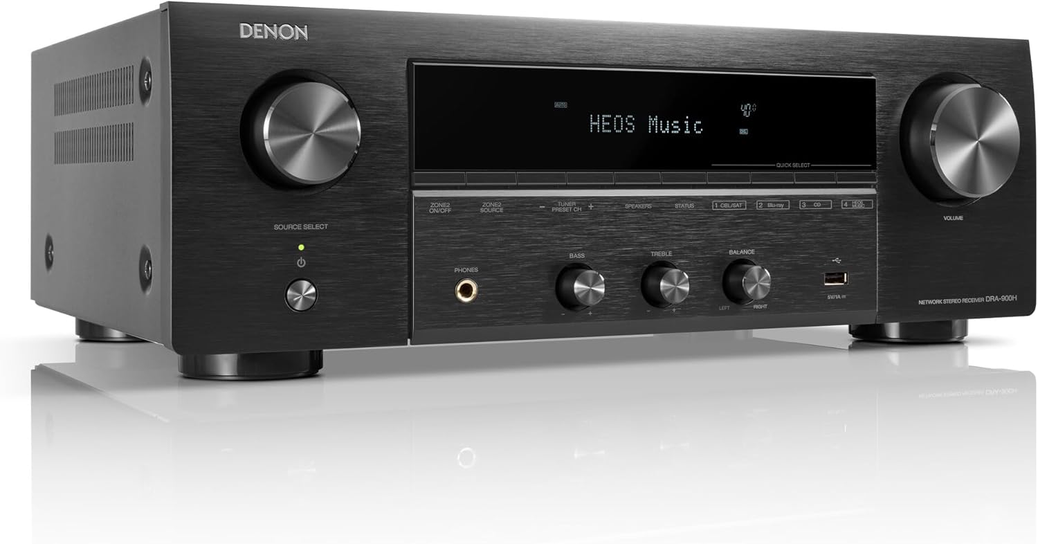 Denon Receiver DRA-900H - 2-Channel Stereo Receivers for Home - 100W/Ch. Hi-Fi Amplification, Built-in HEOS, HDCP 2.3 Processing with ARC/eARC Support, Dolby Vision, HLG, Dynamic HDR