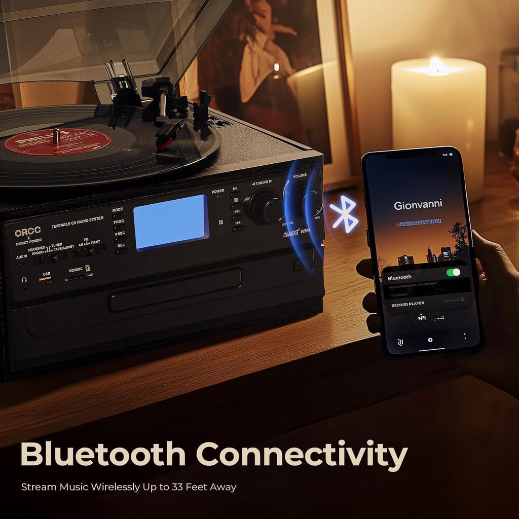 ORCC 10-in-1 Bluetooth Turntable Record Player with Built-in Speaker, Vinyl Turntable CD Cassette and FM/AM Radio Combo, AUX in RCA Out USB MP3 Recording Headphone Jack Compact