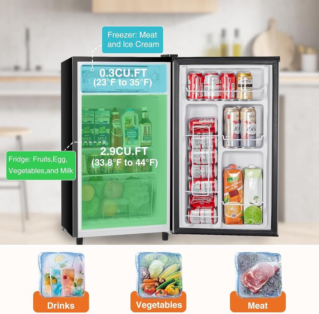 Sweetcrispy 3.2 Cu.Ft Mini Fridge with Freezer, 2 Door Small Refrigerator with Adjustable Thermostat Energy-efficient Low Noise, Compact Fridge for Bedroom, Office, Dorm, Silver