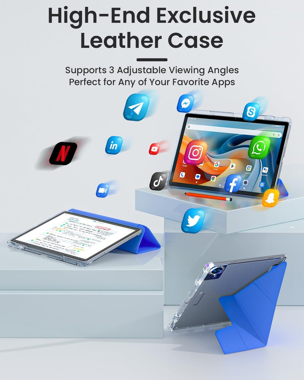 14 Inch Android 15 Tablet, 16GB RAM+256GB ROM, 1920x1200 FHD IPS Display, Widevine L1, 10000mAh Battery, 4G LTE, Wi-Fi & Bluetooth 5.0, Multi-Angle Stand Case & Stylus Pen,6ft Type-C Cable - Blue